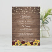Rustic Wood Sunflowers Burgundy Wedding Program Programm (Stehend Vorderseite)