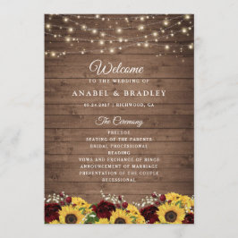 Rustic Wood Sunflowers Burgundy Wedding Program Programm