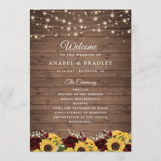 Rustic Wood Sunflowers Burgundy Wedding Program Programm (Vorderseite)