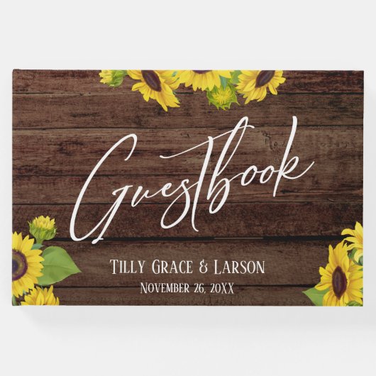 Rustic Wood Sunflowers Handwriting Gästebuch (Vorderseite)