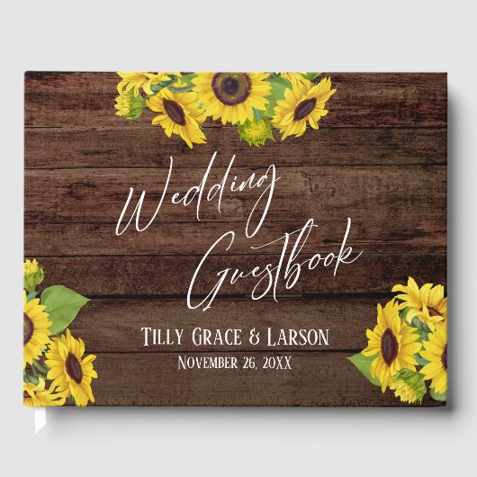 Rustic Wood Sunflowers Handwriting Gästebuch (Vorderseite)
