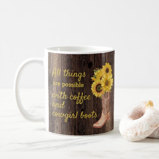 Rustic Wood Sunflowers Kaffeehaus Stiefel Kaffeetasse (Mit Donut)