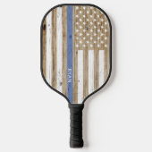 Rustic Wood Thin Blue Line Patriotic USA Flag Pickleball Schläger (Vorderseite)