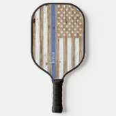 Rustic Wood Thin Blue Line Patriotic USA Flag Pickleball Schläger (Rückseite)