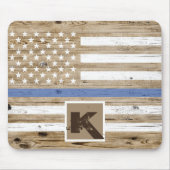Rustic Wood Thin Blue Line USA Flag Monogram Mousepad (Vorne)