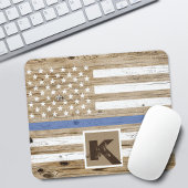 Rustic Wood Thin Blue Line USA Flag Monogram Mousepad