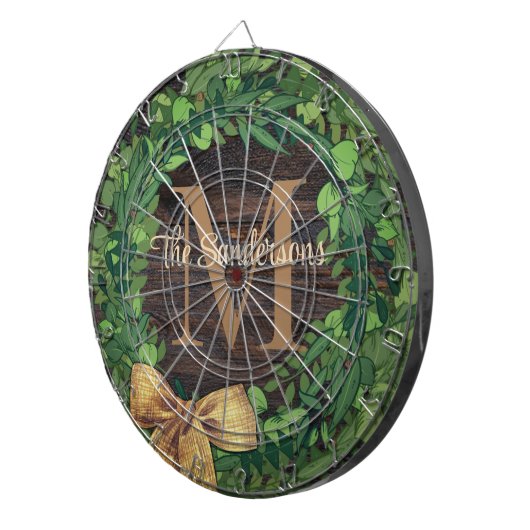 Rustic Wood Tone Wreath Monogramm Dartscheibe (Vorderseite rechts)