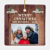 Rustic Wood Truck Family Foto Frohe Weihnachten Keramikornament (Rückseite)