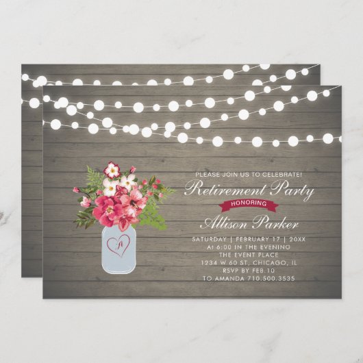Rustic Wood Überraschung Ruhestand Party Einladung (Vorne/Hinten)