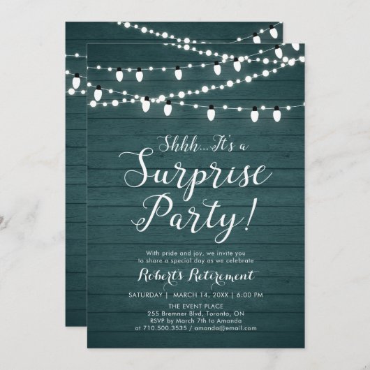 Rustic Wood Überraschung Ruhestand Party Einladung (Vorne/Hinten)