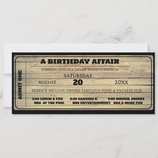 Rustic Wood Vintag Black Birthday Ticket Custom Einladung (Vorderseite)