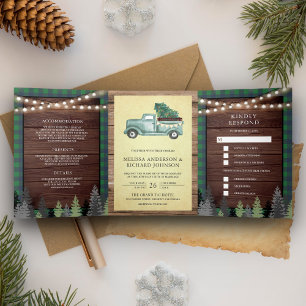 Rustic Wood Vintag Green Christmas Dreifach Gefaltete Einladung