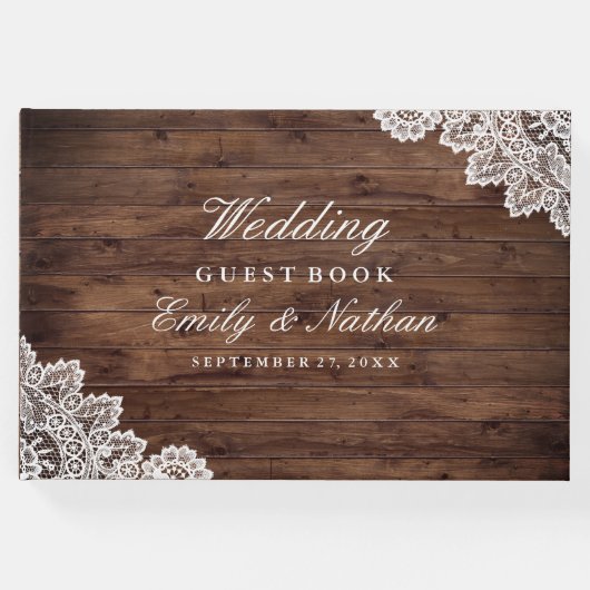 Rustic Wood Vintag Lace Wedding Gästebuch (Vorderseite)