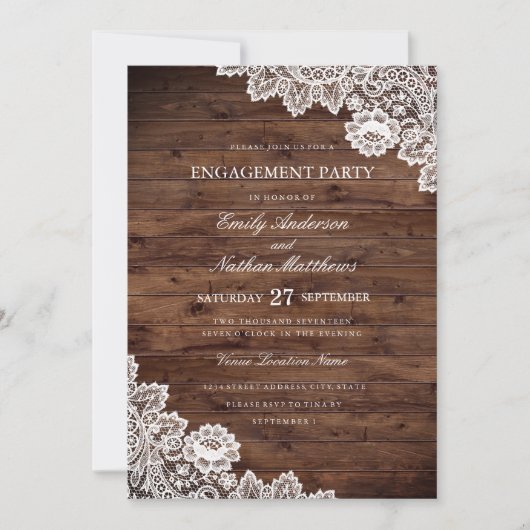 Rustic Wood Vintag Lace Wedding Party Einladung (Vorderseite)