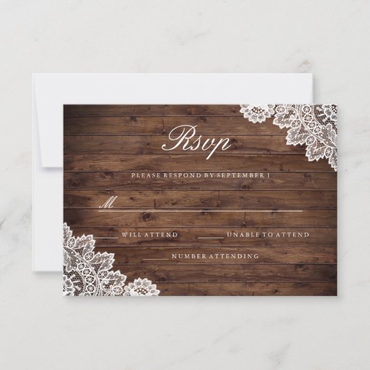Rustic Wood Vintag Lace Wedding RSVP Karte (Vorderseite)