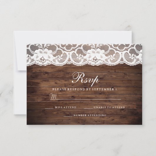 Rustic Wood Vintag White Lace Wedding RSVP Karte (Vorderseite)