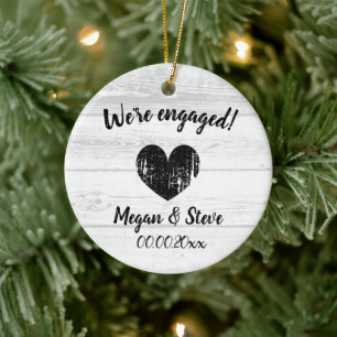 Rustic wood vintage heart engagement Christmas Keramik Ornament
