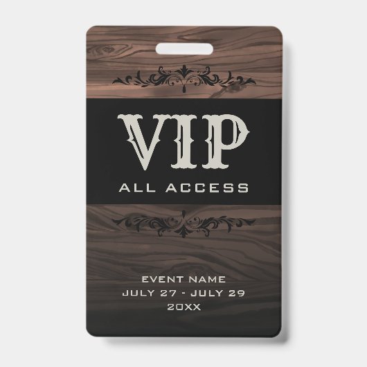 Rustic Wood VIP All Access Pass Event ID Abzeichen Ausweis (Vorderseite)