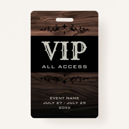 Rustic Wood VIP All Access Pass Event ID Abzeichen Ausweis (Vorderseite)
