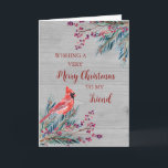 Rustic Wood Watercolor Friend Frohe Weihnachten Karte<br><div class="desc">Frohe Weihnachten für Freunde-Karte mit Winter Aquarellblau,  Kardinal,  rustikale Holzmuster und nachdenklichen Vers.</div>