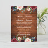 Rustic Wood Wedding Floral Burgundy Blue Einladung (Stehend Vorderseite)