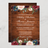 Rustic Wood Wedding Floral Burgundy Blue Einladung (Vorne/Hinten)