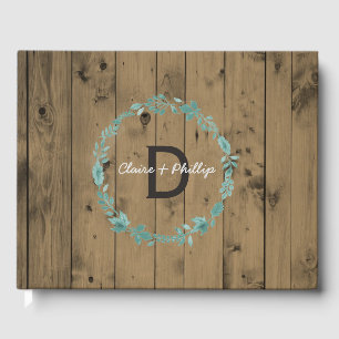 Rustic Wood Wedding Monogram Botanischer Kranz Gästebuch