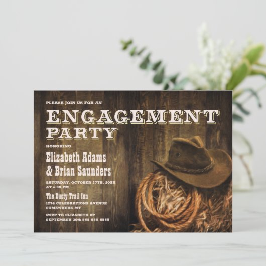 Rustic Wood Western Engagement Party Einladung (Stehend Vorderseite)
