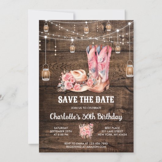 Rustic Wood Western Save the Date Cowgirl Birthday Einladung (Vorderseite)