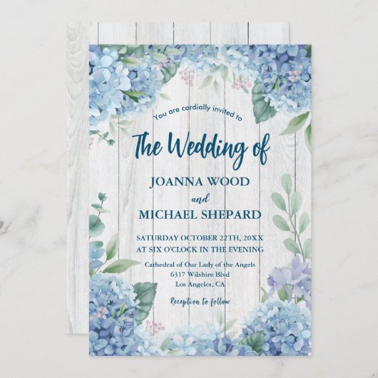 Rustic Wood White Blue Hydrangea Wedding Einladung (Vorne/Hinten)