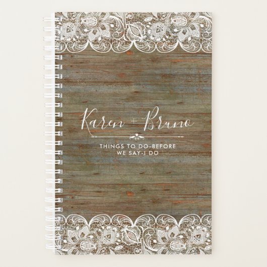 Rustic Wood White Girly Lace Hochzeitsplaner Planer (Vorderseite)