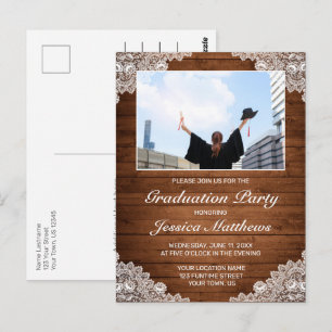 Rustic Wood White Lace Abschluss Foto Einladung Postkarte