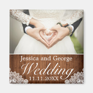 Rustic Wood & White Lace Wedding Photo Magnet
