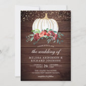 Rustic Wood White Pumpkin Burgundy Floral Wedding Einladung (Vorderseite)