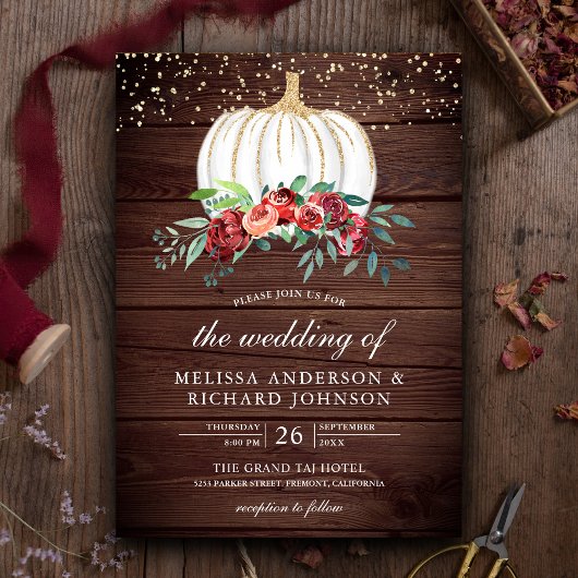 Rustic Wood White Pumpkin Burgundy Floral Wedding Einladung