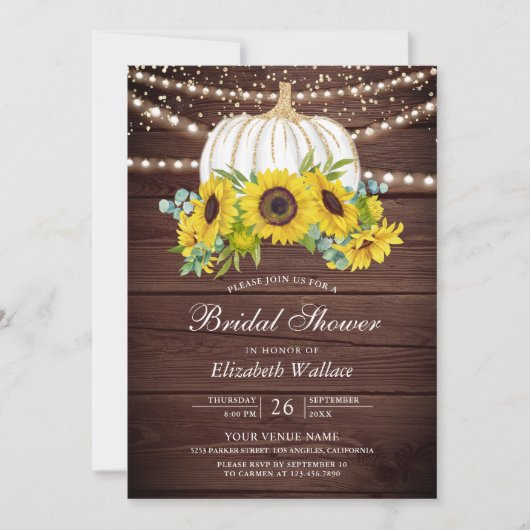 Rustic Wood White Pumpkin Sonnenblumen Brautparty Einladung (Vorderseite)