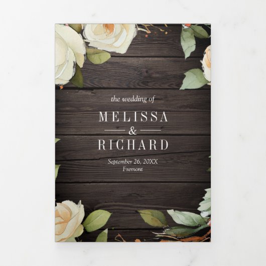 Rustic Wood White Roses Mason Jar QR Code Hochzeit Dreifach Gefaltete Einladung (Cover)