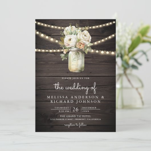 Rustic Wood White Roses Mason Jar QR Code Hochzeit Einladung (Stehend Vorderseite)