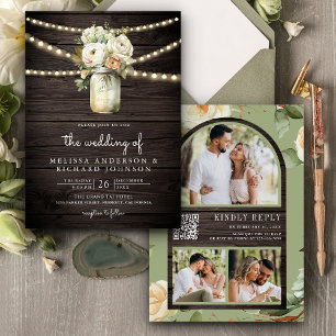 Rustic Wood White Roses Mason Jar QR Code Hochzeit Einladung