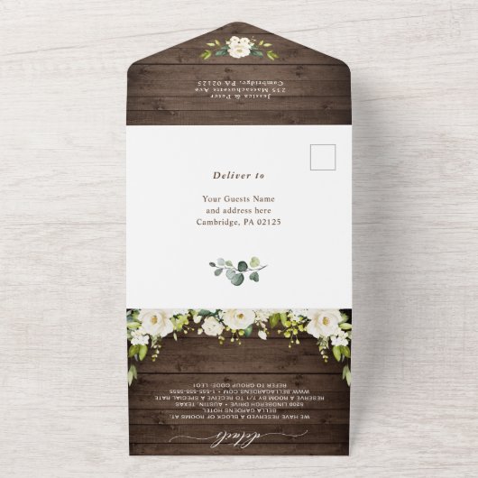 Rustic Wood White Roses Wedding QR Code All In One Einladung (Außenbereich)