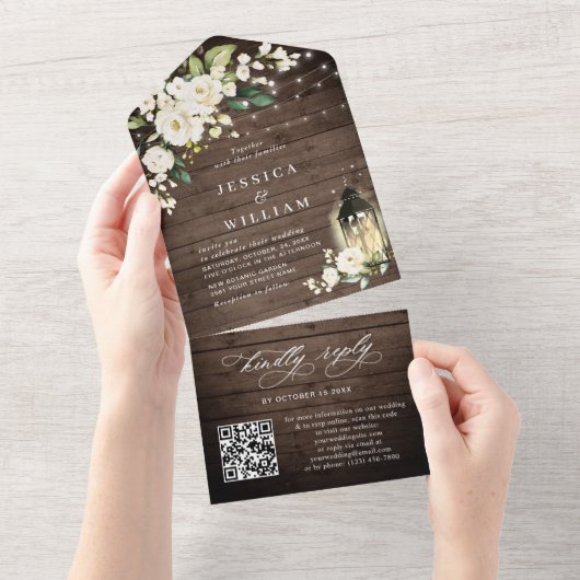 Rustic Wood White Roses Wedding QR Code All In One Einladung (Abreißen)