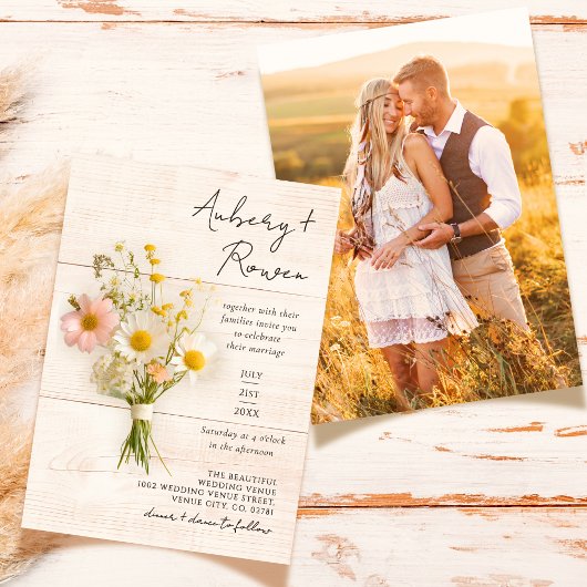 Rustic Wood Wildblume Bouquet Boho Foto Wedding Einladung