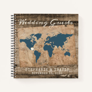 Rustic Wood World Map Beach Reiseziel Gästebuch Notizblock