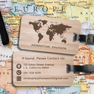Rustic Wood World Travel Map Brawn Name Typografy Gepäckanhänger