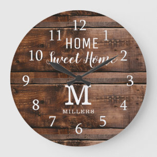 Rustic Wood Zuhause Sweet Zuhause Monogram Family  Große Wanduhr