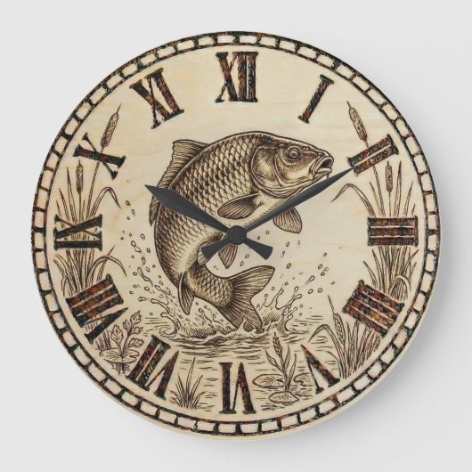Rustic Woodburned Fish Wall Clock Große Wanduhr (Vorderseite)