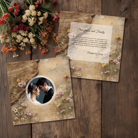 Rustic Wooden Bohemian Floral Wedding photo Dankeskarte