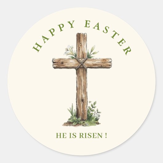 Rustic Wooden Cross He is risen Easter Runder Aufkleber (Vorderseite)