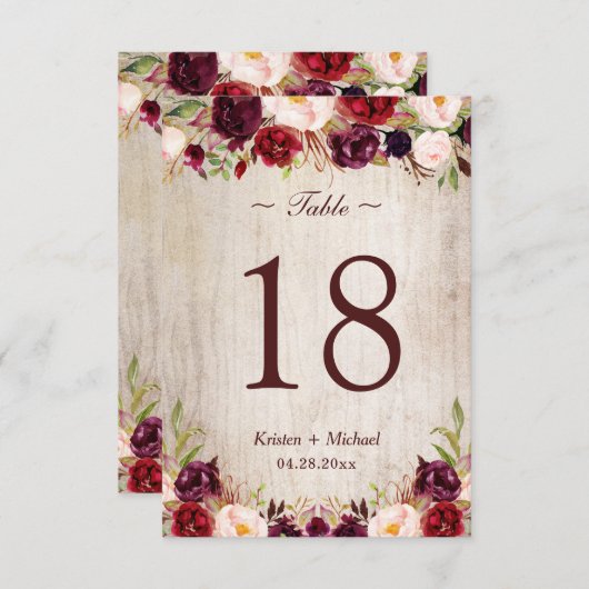 Rustic Woodgrain Burgundy Tischnummer Card (Vorne/Hinten)