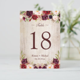 Rustic Woodgrain Burgundy Tischnummer Card